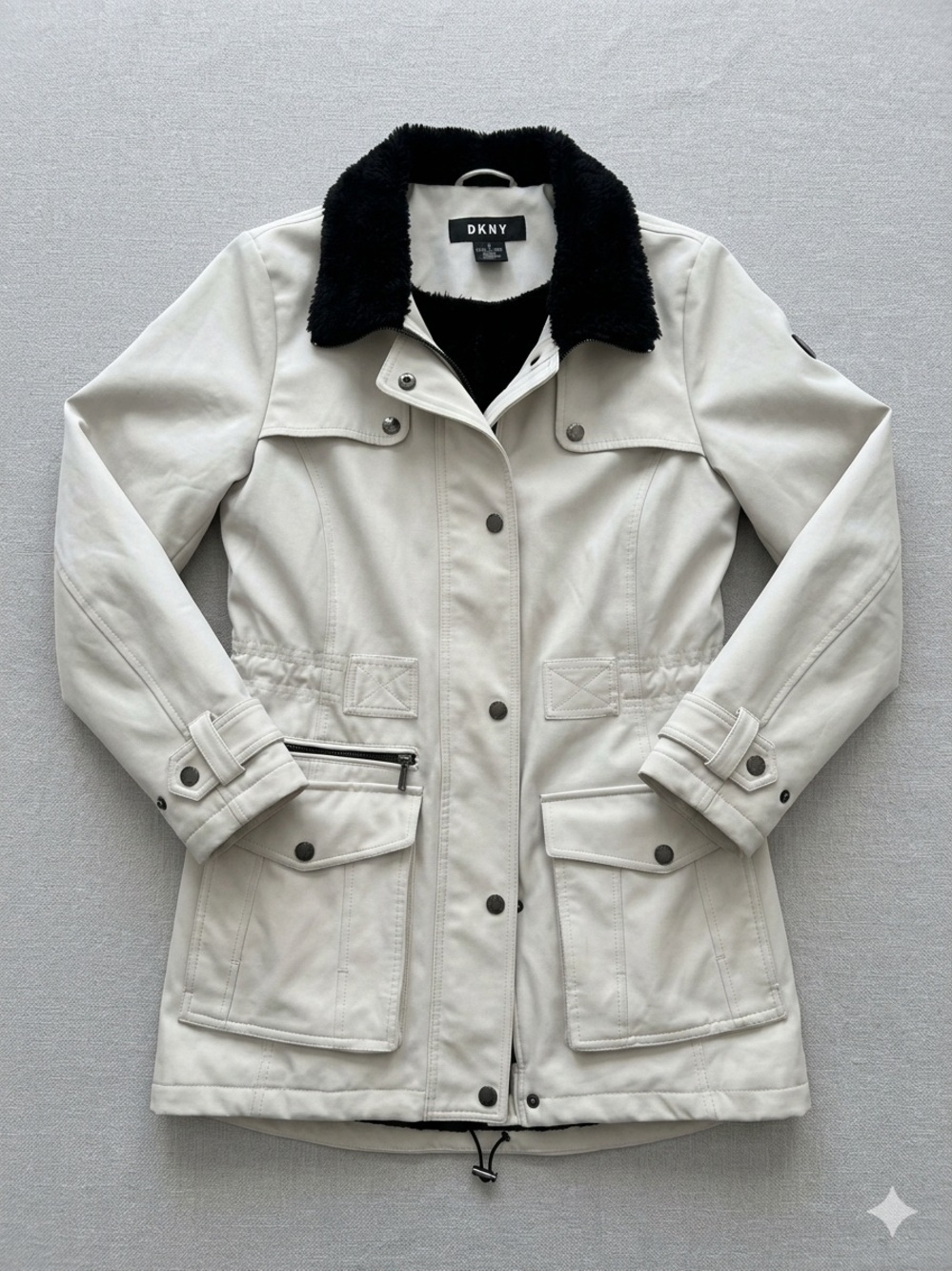DKNY Women's Cream Jacket with Black Faux Fur Collar NWOT